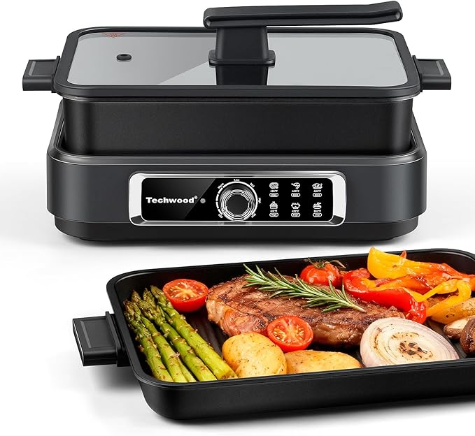 Indoor Grill, Techwood Electric Indoor Grill Griddle 7.5-Quart 1500W Versatile Multi-Cooker with 5-Level Heat Settings, Come with Removable Non-stick Grill Pan& Cooking Pot, Dishwasher Safe