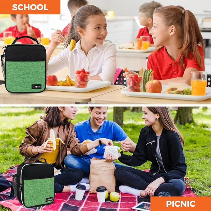 opux Premium Insulated Lunch Box, Soft School Lunch Bag for Kids Boys Girls, Leakproof Small Lunch Pail Men Women Work, Reusable Compact Cooler Tote Lunchbox for Office Adult, Heather Green