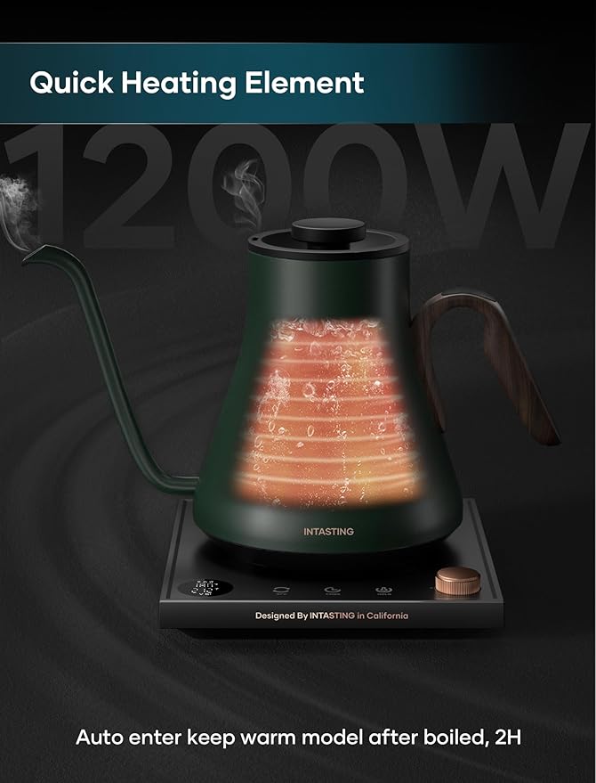 INTASTING Electric Kettle, Gooseneck Electric Kettle, ±1℉ Precise Temperature Control, Stainless Steel Interior, Quick Heating for Pour Over Coffee, Tea & Boiling Water, 0.9L (Forest Green)