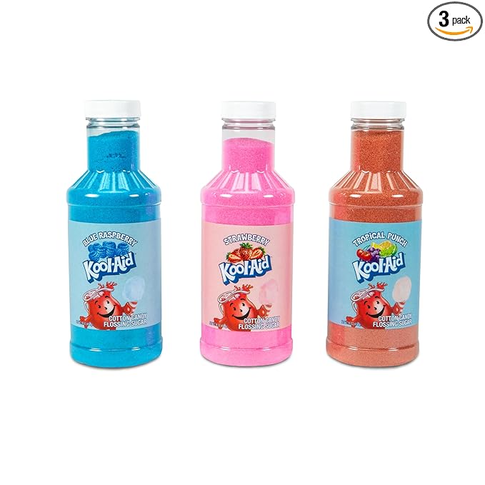Nostalgia Kool-Aid Cotton Candy Variety Kit – 3 Flossing Sugar Flavors (Blue Raspberry, Strawberry, Tropical Punch) – 7-oz Bottles – Compatible with Cotton Candy Makers – Party Supplies