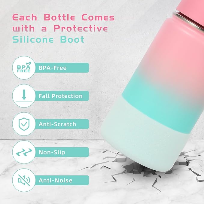 Volhoply 14oz KIds Water Bottle with Straw Lid and Silicone Boot Bulk 2 Pack,Stainless Steel Insulated Cups for Boys & Girls Multipack,Double Wall Vacuum Leakproof Bottles(Mix,2)