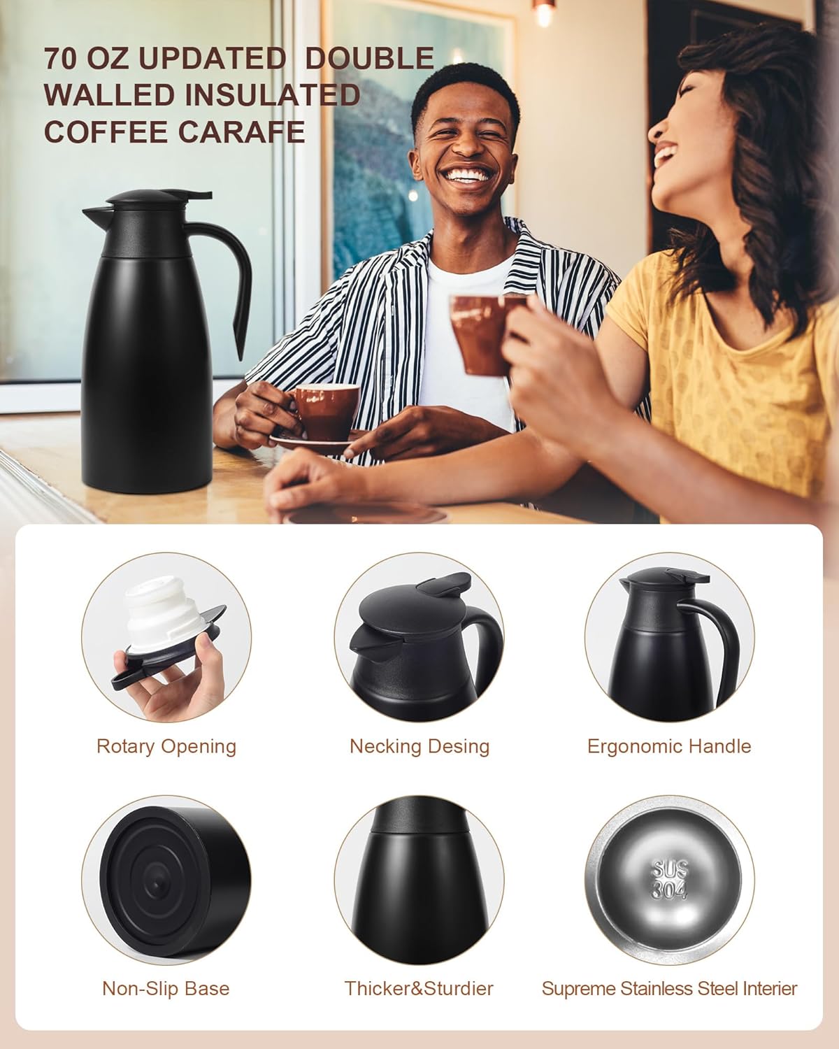 70 oz Thermal Coffee Carafe for keeping hot, Updated Airpot dispener, Insulated Stainless Steel Vacuum Thermal Pot for Coffee, Hot Water,Keep Hot 12 Hours (black/black)