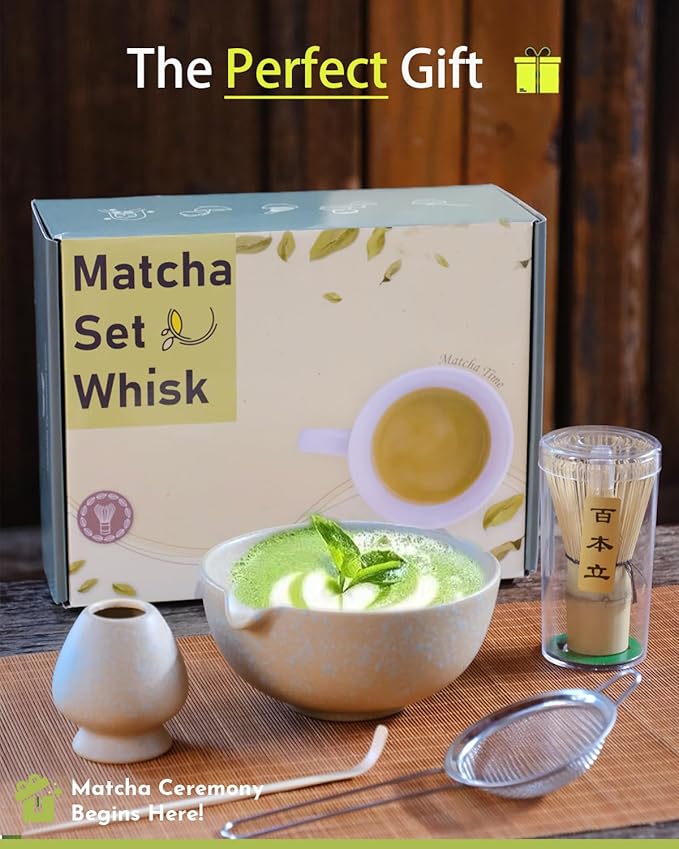 Matcha Whisk Set,Matcha Set,Matcha Kit,Matcha Bowl with Spout,Scoop,Sifter,Bamboo Whisk,Chasen Holder,Unique Gifts for Women Grifend,Gifts for Christmas, Birthday,Halloween(Yellow)