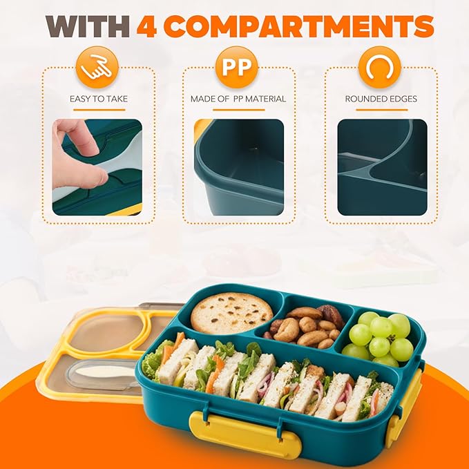 EASYFUN Bento Box Adult, Lunch Box, 4-Compartment Lunch Containers, Drop-Proof, Dishwasher Safe & Made with BPA-Free Materials (Dark blue)