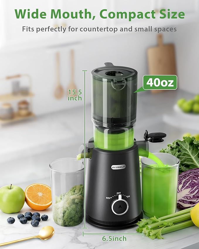 ECOSELF Juicer Machines - Wide Mouth Feed Chute For Fruits and Leafy Greens - Juice Extractor Machine With Self Feeding & Hands-Free Design For Family - Cold Press Juicer Easy to Clean（With Brush）