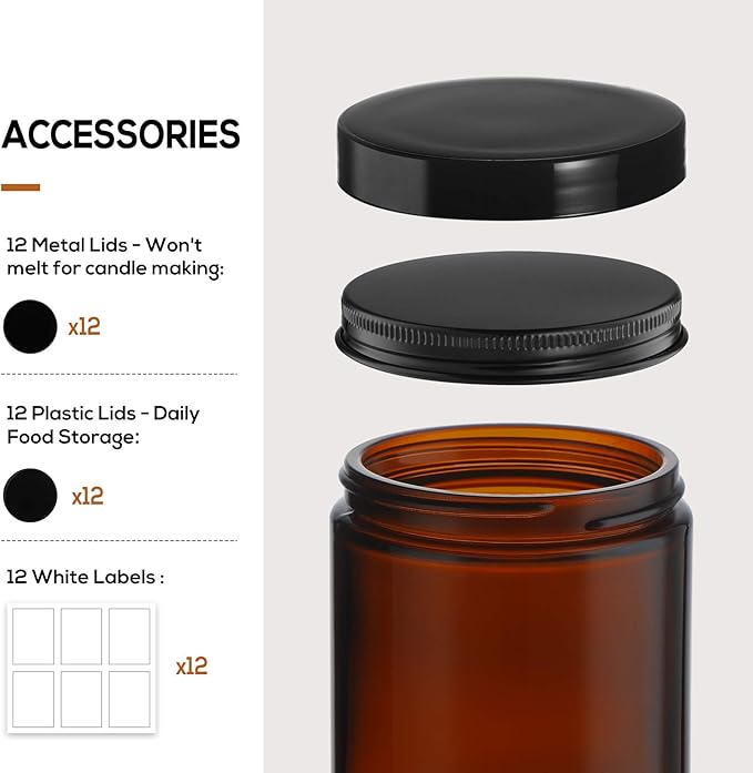 12 Pack, 8 OZ Dark Amber Candle Jars for Making Candle - Thick Glass Jars with 12 Metal & 12 Plastic Lids - Empty Round Food Storage Containers, Canning Jar For Spice, Liquid, Sample - Food Grade