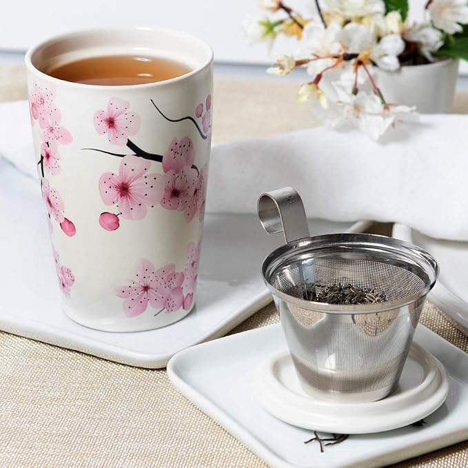 Tea Forte Double-Walled Ceramic Kati Cup, Removable Stainless Steel Infuser Basket and Lid, Steeps 12 oz Loose Leaf Tea, Dishwasher & Microwave Safe, Gifts for Mom, Hanami