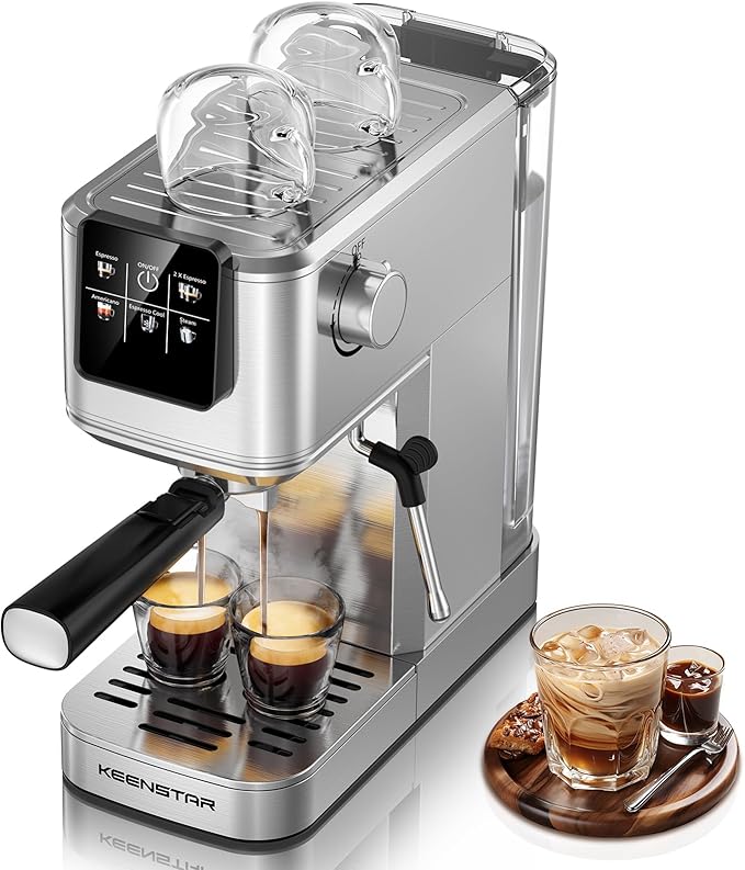 KEENSTAR 20Bar Espresso Machine with Rapid Cold Brew, Hot & Iced Coffee Makers, Stainless Steel Espresso Maker with Milk Frother Steam Wand, Touch Screen with Water Tank for Latte, Cappuccino, Gift