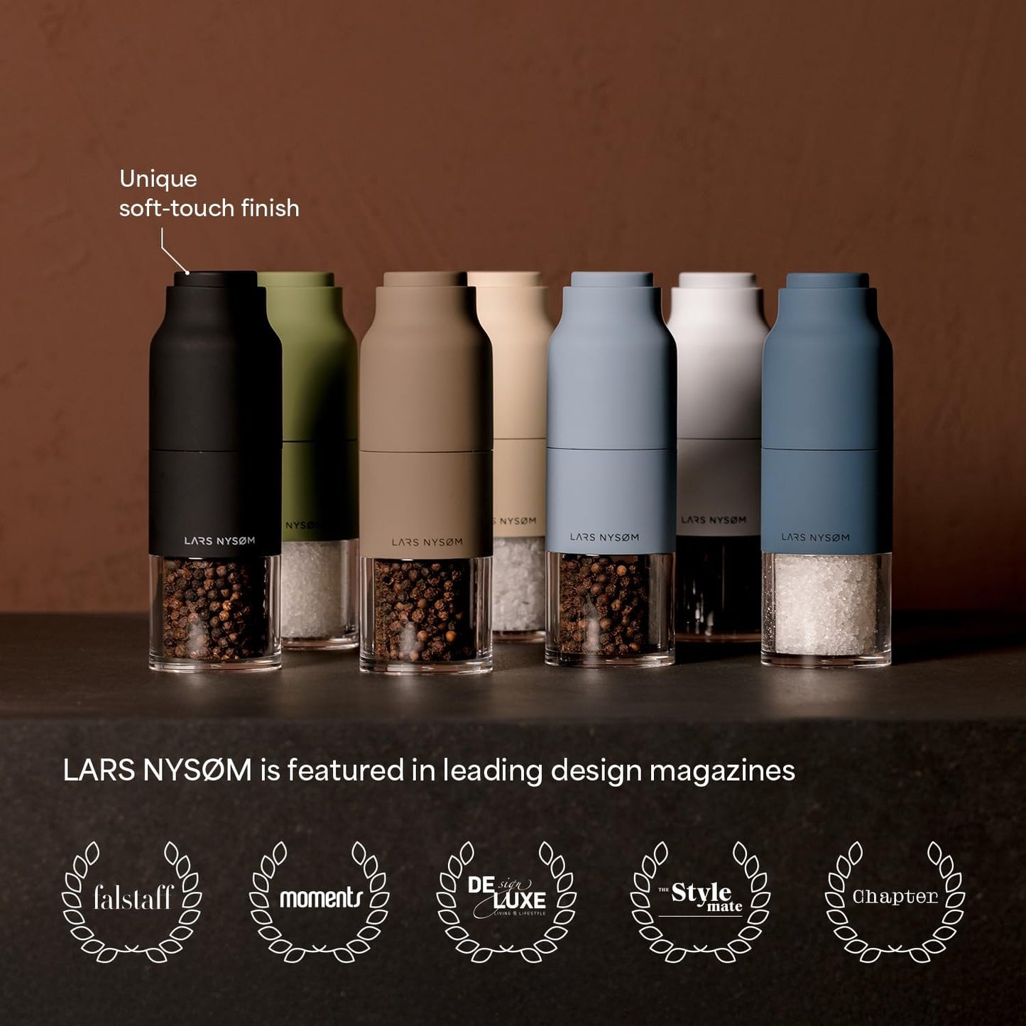 LARS NYSØM Salt and Pepper Grinder Set, Stainless Steel Manual Salt and Pepper Mills, Adjustable Ceramic Grinder, Design Spice Shakers (Taupe Brown)