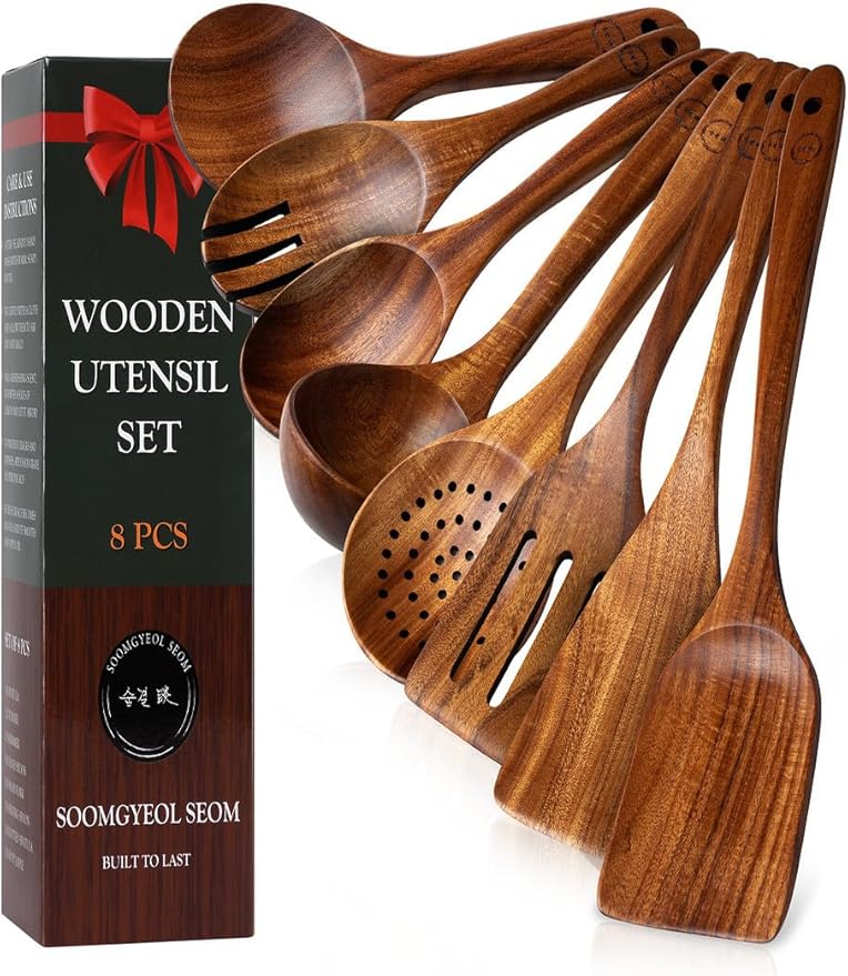 Natural Teak Wood Kitchen Utensil Set - 8 Piece Non-Stick Cooking Spoons & Spatulas, Heat Resistant & Eco-Friendly, Durable Wooden Tools for Nonstick Cookware