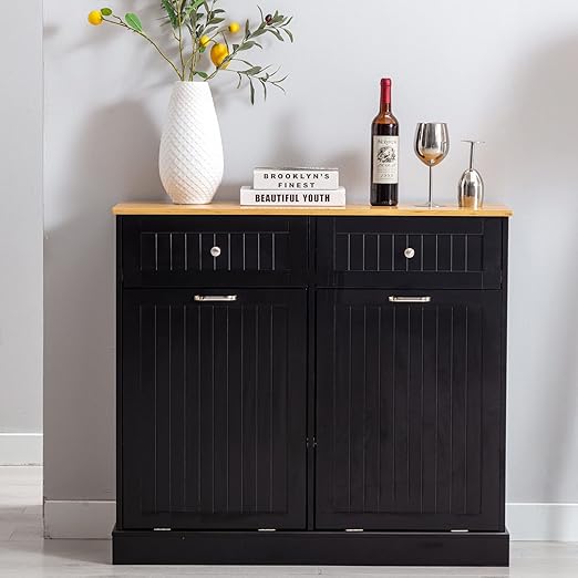 Gitua Double Tilt Out Trash Cabinet 20 Gallon, Freestanding Wooden Kitchen Trash Recycling Cabinet with Drawer & Removable Cutting Board, Dog Proof Trash Can Cabinet, Black