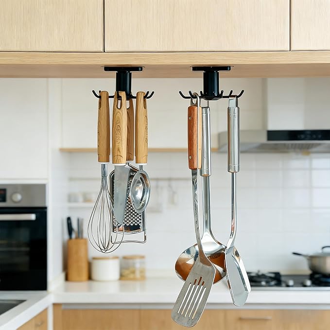 360° Rotating Kitchen Hooks, Adhesive Utensil Organizer Rack with 6 Hooks - No Drill Cabinet Mount for Spoons, Towels & Cups (1pcs)
