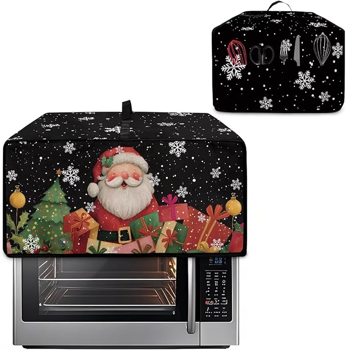 Toaster Oven Cover Dust-Proof Countertop Convection Oven Cover Protective Smart Microwave Oven Accessories and Decor, L, Santa Claus Snowflake Black Christmas Decor