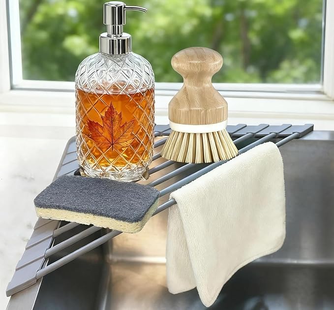 Corner Sink Caddy Kitchen Sink Organizer, Silicone Wrapped Triangle Roll Up Dish Drying Rack Over Sink Drainer Mat, Anti-Slip Sponge Holder Corner Shelf for RV Kitchen Sink Accessories Counter Storage
