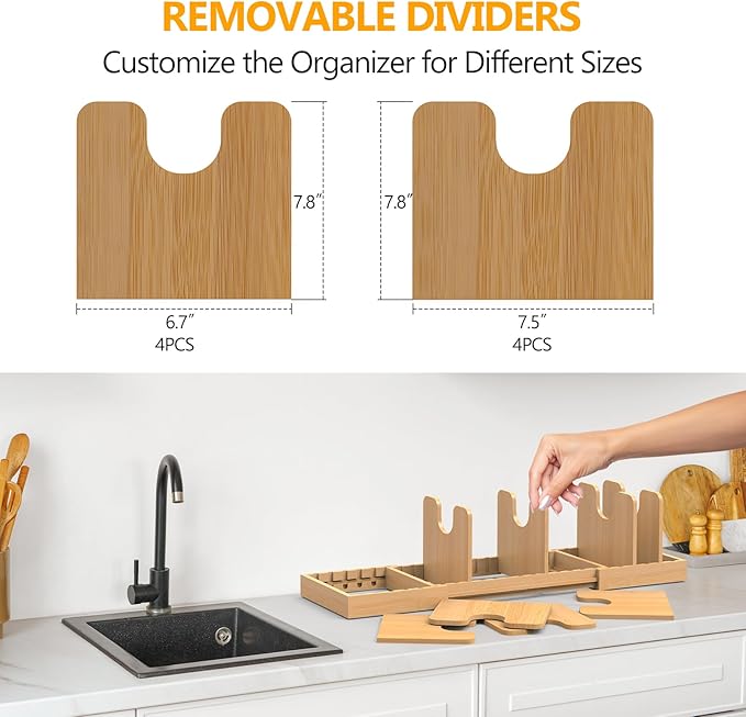 Pots and Pans Organizer Under Cabinet, Expandable Pot Lid Organizer, Bamboo Pan Organizer, Pot and Pan Organizer Rack for Kitchen Countertop or inside Cabinet