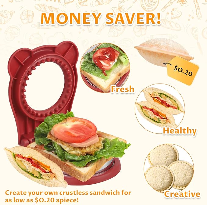 CHICHAUS Uncrustable Sandwich Maker,Sandwiches Pocket Circle Shape 3.7Inch Sandwich Cutter and Sealer,Sandwich Cutter for Kids Breakfast and lunchboxes (Red)
