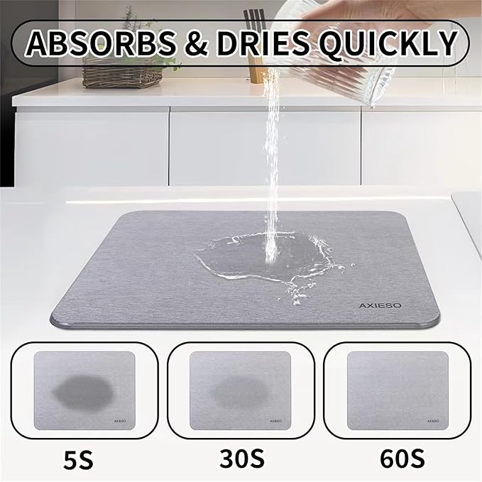 AXIESO Large Stone Dish Drying Mat - Fast Quick Dry Stone Kitchen Counter Pad - 18 x 14 Inches Diatomaceous Earth - Super-Absorbent Shower Bath Mat