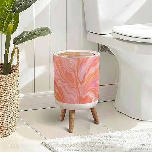 Trash Can with Lid Coral Living Fractal Abstract Prism Glitch Effect Color Year 2019 Press Top Round Small Garbage Bin with Wooden Legs Waste Basket for Kitchen Bedroom Nursery 7L/1.8 Gallon