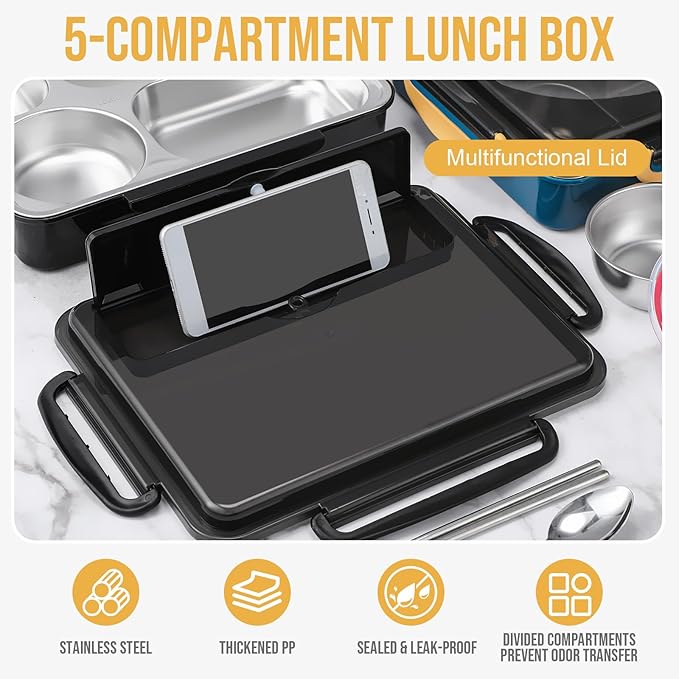 2 Sets Stainless Steel Lunch Bento Box for Adult 2.0 L Leakproof 5 Compartment Metal Bento Box with Bag 8 oz Soup Bowl with Utensils for Office, Travel(Dark Blue, Black)
