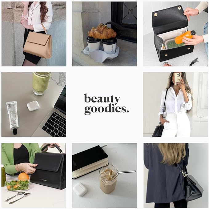 BEAUTYGOODIES - Large Insulated Lunch Bag, Black Croc Purse and Bag for Work, Lunch and Picnics. Designer Croc with Vegan Leather, Classy, Insulated Lunch Tote Bag for Women. Cute and a Great Gift !