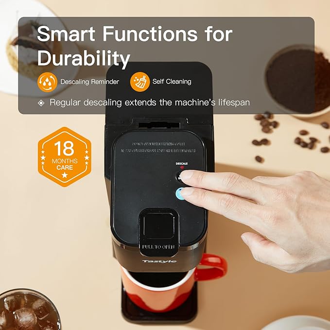 Tastyle Mini Hot and Iced Coffee Maker Single Serve, for K Cup and Ground, 6 to 14 Oz Brew Sizes, with Recipe Book, for Home, Travel, RV, Office and Dorm, Classic Black (2.0 Version)