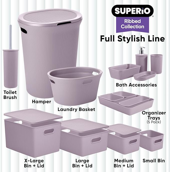 Decorative Plastic Toilet Bowl Brush and Holder Set, Lilac Purple (2 Pack) Cleaner Scrubber for Bathroom - Ribbed Design