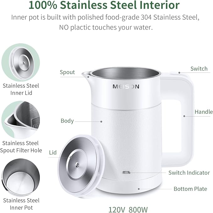 0.6L Small Electric Kettles Stainless Steel, Travel Mini Hot Water Boiler Heater, Double Wall Cool Touch Portable Teapot, Auto Shut-Off & Boil-Dry Protection, 120V/800W, 2 Year Warranty (white)