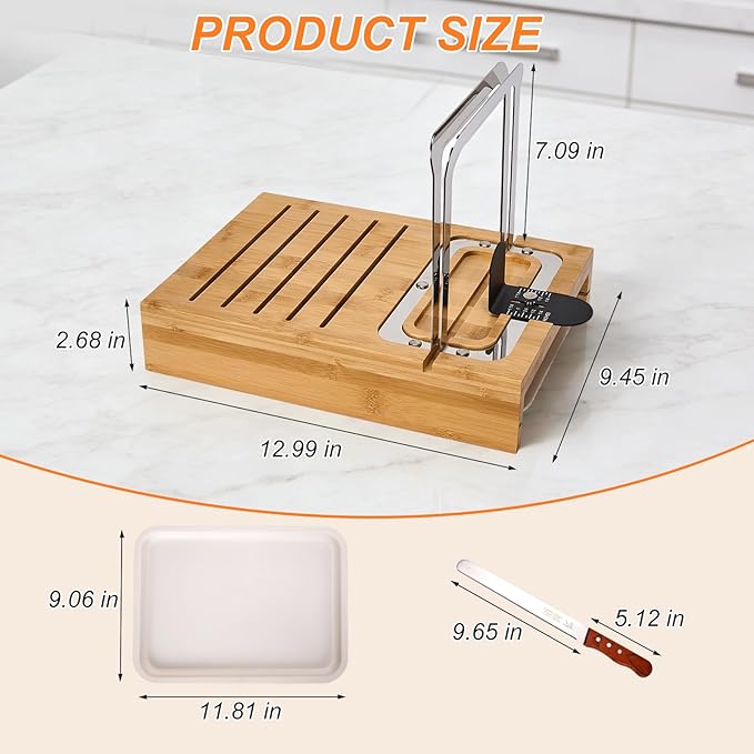 Bamboo Sourdough Bread Slicer for Homemade Breads with Bread Knife，Adjustable Slice Thickness and Bread Width, Stainless Steel Cutting Guides with Crumb Tray for Round Sourdough & Homemade Breads