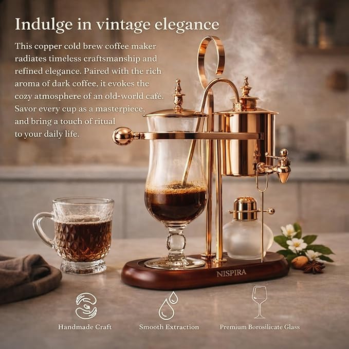 Nispira Belgium Royal Family Balance Syphon Unique Gravity Vintage Coffee Maker Vacuum Brewing System Copper 500 ml