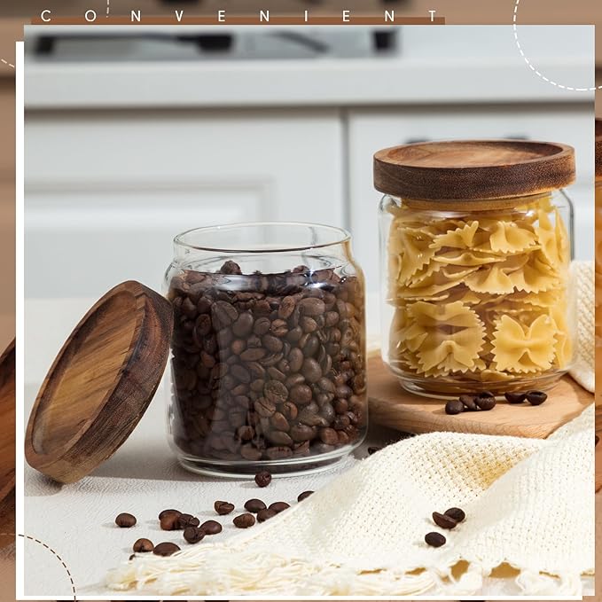 Irenare 8 Pack Glass Containers Canister Set, 17 oz Food Storage Spice Jars with Airtight Lids, Clear Kitchen Containers for Coffee Sugar Tea Beans Nuts Candy Pantry Organization (Wood)