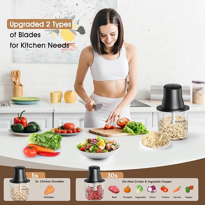 Food Processors, 2 IN 1 Electric Chicken Shredder &Food Chopper with 250W Copper Motor,1.5L Bowls & 2 Bi-Level Blades,One-Touch Electric Chicken Breast Shredder Tool-Smart Overheat Protection