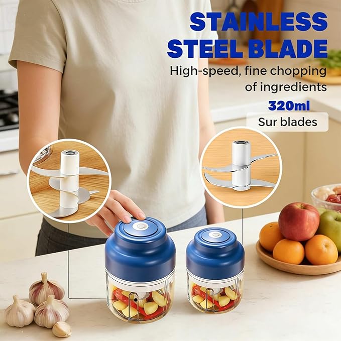Electric Garlic Chopper Mini, Upgraded Rechargeable Veggie Chopper With Storage and Cover, One-Touch Food Processor with 4 Stainless Steel Blades for Onion Meat Chili Ginger (Green, 250ml)