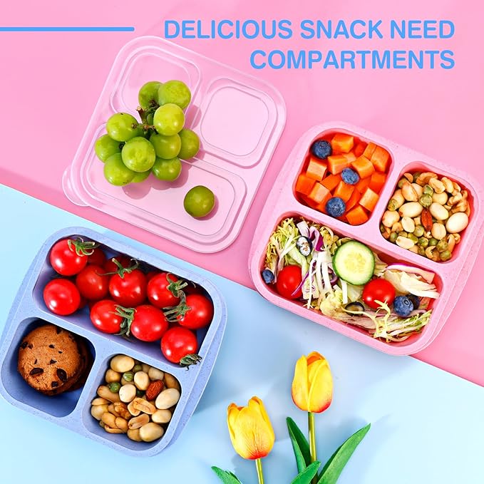 Rinwoc Bento Box [Portion Size], 3 Pack Snack Containers with 3 Compartments for Meal Prep & On-the-Go [School, Travel], Lunchable Container Reusable and BPA-Free