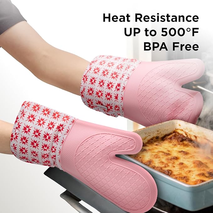 Kitchen Mama UltraShield Silicone Oven Mitts – Heat Resistant, Non-Slip Surface, Durable, Safe, Pot Holders, Flexible Waterproof Glove Set, Perfect for Cooking, Baking, Grilling, BBQ (Gem-Red)