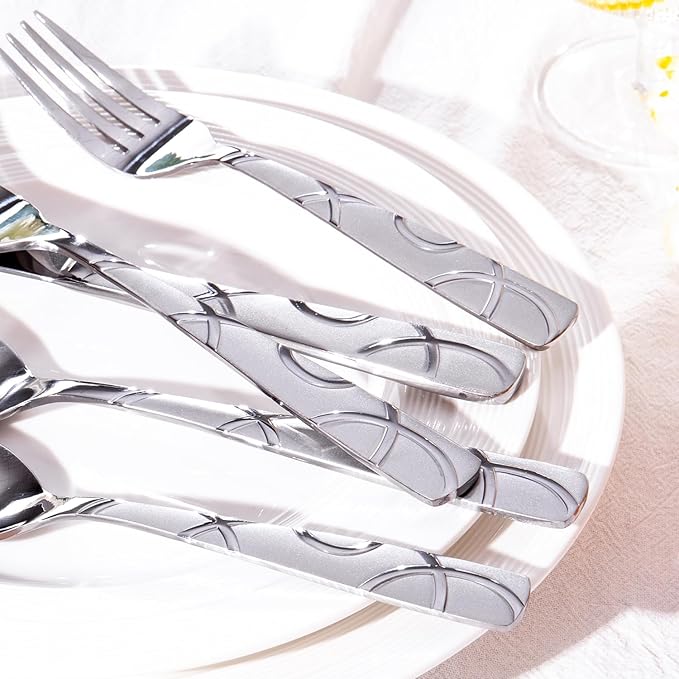 HIKAA Silverware Set, 45-piece Silverware Set with Serving Utensils Set, for Kitchen, Home, Wedding, Party, Mirror Polished and Dishwasher Safe