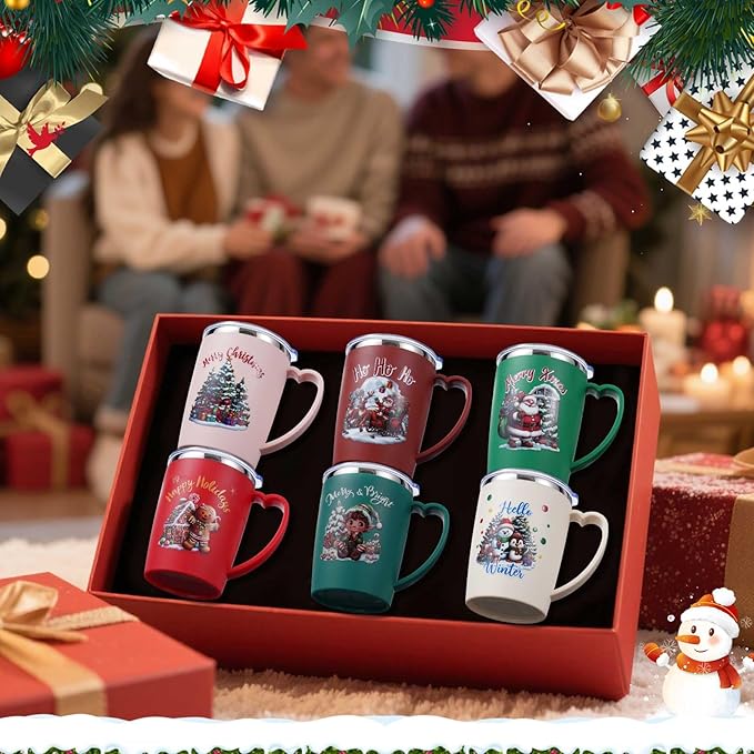 Maxcheck 6 Pcs Christmas Coffee Mugs Cups 16 oz Merry Christmas Stainless Steel Insulated Tumblers Bulk with Handle Lid Straw Brushes Red Green Xmas Tree Santa Claus Mug Gifts for Winter Holiday Party