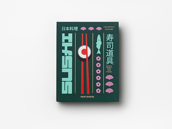 Printworks The Essentials, Sushi Tools – Sushi Making Kit with Roller, Rice Paddle, Spreading Knife, and 8 Chopsticks in an Elegant Book-Style Case
