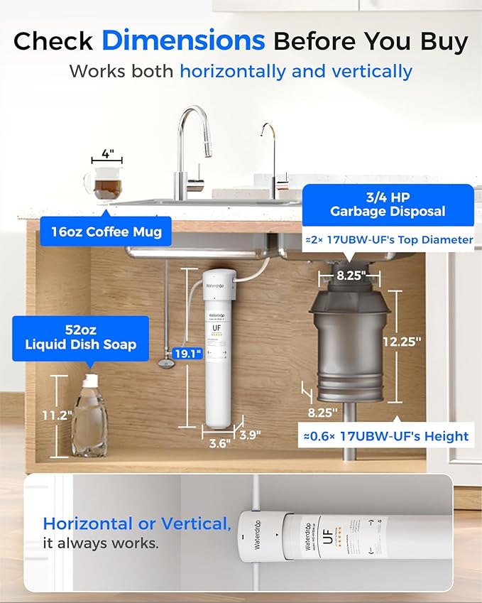 Waterdrop 17UBW-UF 0.01 μm Ultra Filtration Under Sink Water Filter System, 3 Years, Reduces Lead, Chlorine, Bad Taste & Odor, with Dedicated Brushed Nickel Faucet