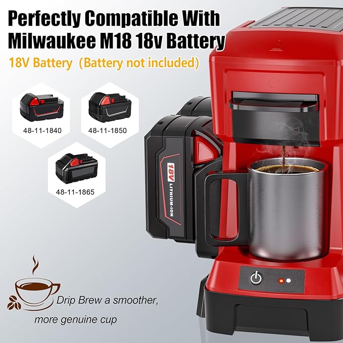 Taingwei Cordless Coffee Maker for Milwaukee M18 18V Battery, Portable Drip Coffee Maker with Electric Coffee Grinder for RV, Camping, Travel, Car, Hiking (Battery Not Included)