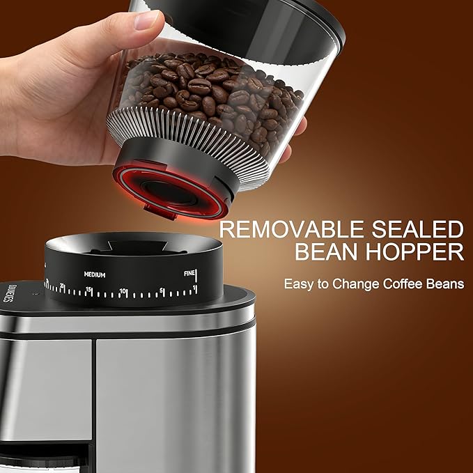 Conical Burr Coffee Grinder Electric,Stainless Steel Coffee Grinder for Home, Adjustable Burr Grinder with 30 Grind Settings, Digital Timer & 2-12 Cup Control, Removable Sealed Hopper, Easy Clean