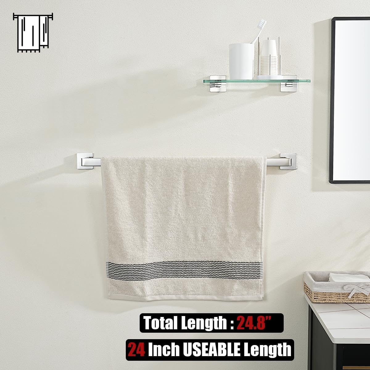 JQK Polished Towel Bar, Rounded Edges 26.41 Inch Towel Rack, 304 Stainless Steel Bathroom Wall Mount, Useable Length 24 Inch, TB250L24-CH