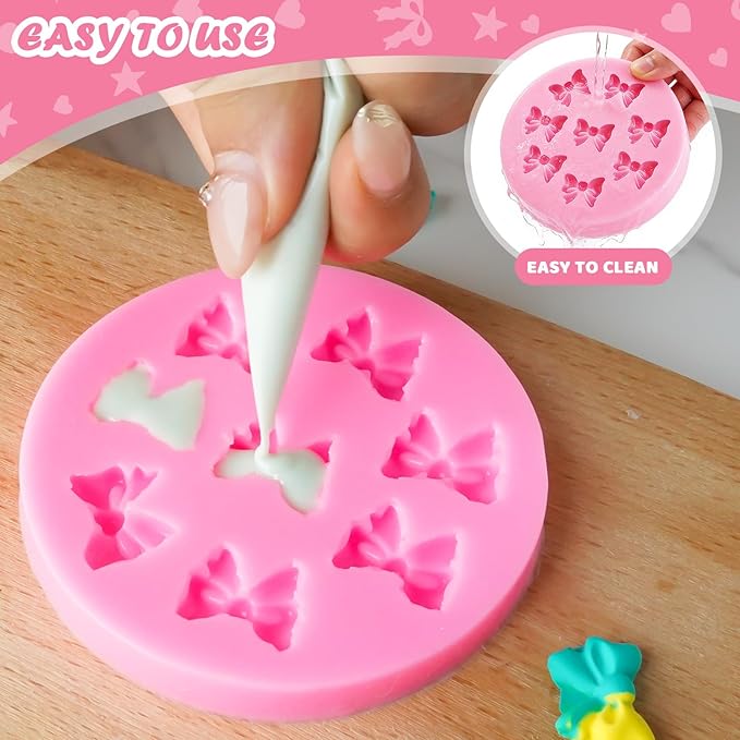 HKNMTT Mini Bow Silicone Molds for Candy Fondant Chocolate Clay Cake Sugar Cake Pop Decorating, 16 Cavities Cute Shapes DIY Cupcake Toppers Craft Birthday Moulds
