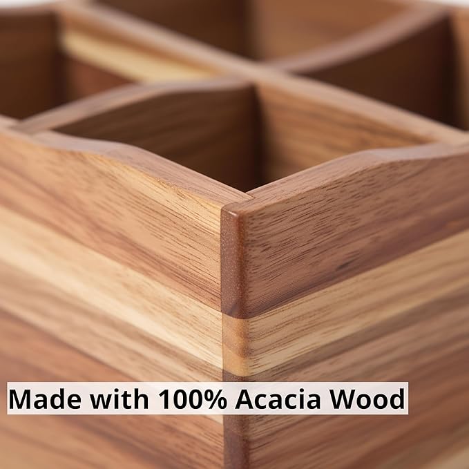 Utensil Caddy for Parties - Acacia Wood Silverware Caddy for Party Kitchen Countertop - Utensil Holder for Party Kitchen Counter - Cutlery Flatware Caddy Silverware Holder for Countertop Organizer