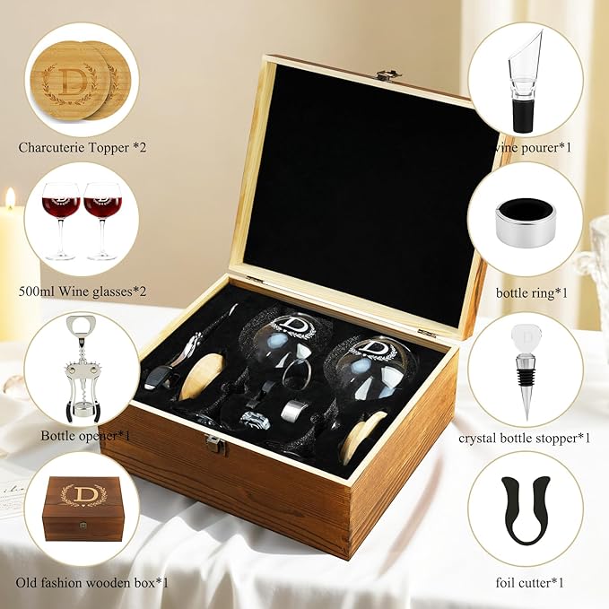 GZLDGIFTS Personalized Initial Wine Glasses Box Gift Set For Women Mom Engraved Birthday Monogrammed Wooden Christmas Gifts Wedding Anniversary Wine Couples Stopper Opener Initial Letterr (C Set)