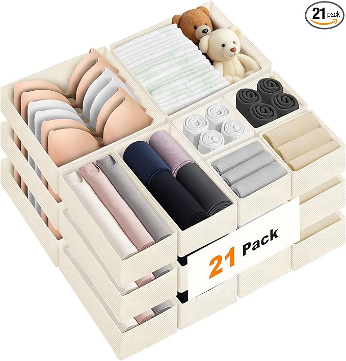 FANS-ONE Drawer Organizer Clothes, 21 Pack Dresser Organizer for Baby Clothes, Underwear, Socks, 3 Sizes Foldable Closet Organization and Storage Bins for Nursery, Bedroom (Light Beige)