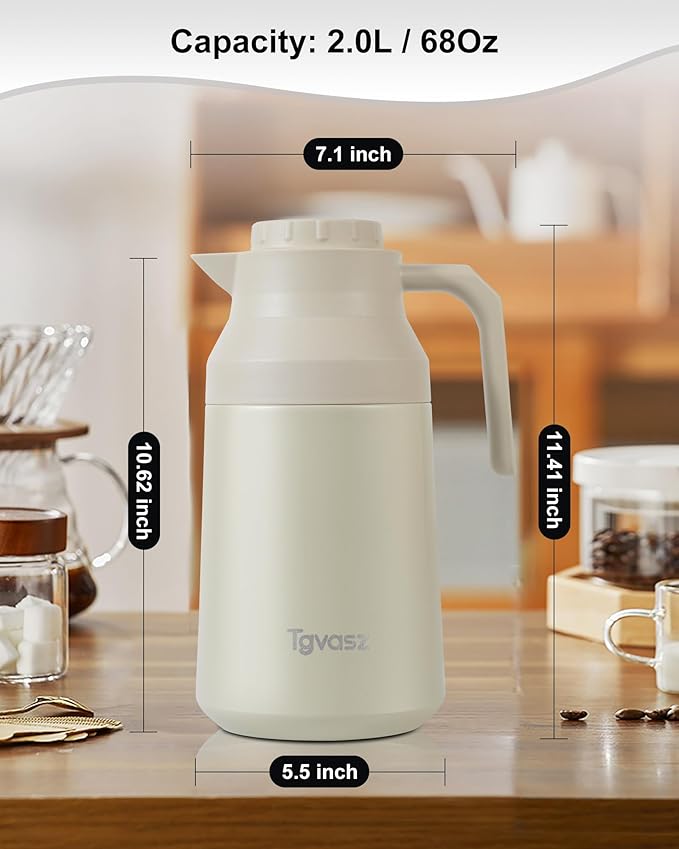 2 PCS Thermal Coffee Carafe Insulated Stainless Steel Coffee Carafe for Hot Liquid Vacuum Thermal Pot Creamer Pitcher Dispenser Keeping Hot Water Milk(White/Wthite 68 oz)