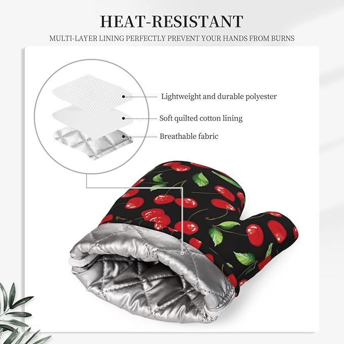 Watercolor Cherries Oven Mitts and Pot Holders Sets Silicone Cherry Fruit Pattern Kitchen Oven Mitts Hot Pads Heat Resistant Potholders Kitchen Mitts Set for Baking BBQ Cooking