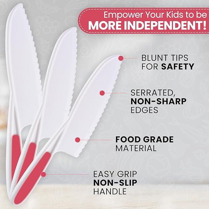 Zulay 3-Piece Kids Knife Set for Real Cooking & Baking - Toddler Knives for Cutting Fruits, Veggies, & Cake - Children’s Montessori Knive with Serrated Edges - Safe & Fun Lettuce Knife (Hot Pink)