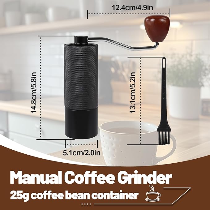 Manual Coffee Grinder Gift Box Non-Detachable Stainless Steel Conical Burr Aluminum Coffee Bean Grinder with 25 Grinding Settings Cleaning Brush Grindable Espresso Moka Pot for Camping Black