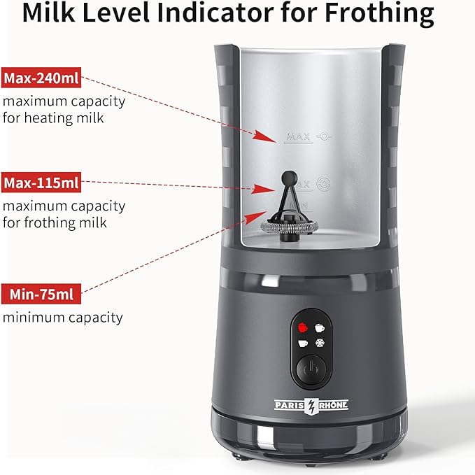 Milk Frother, Paris Rhône 4-in-1 Milk Steamer and Frother, Hot & Cold Foam Milk Warmer with Temperature Control, Auto Shut-Off Frothers for Coffee, Latte, Cappuccino, Macchiato, Grey